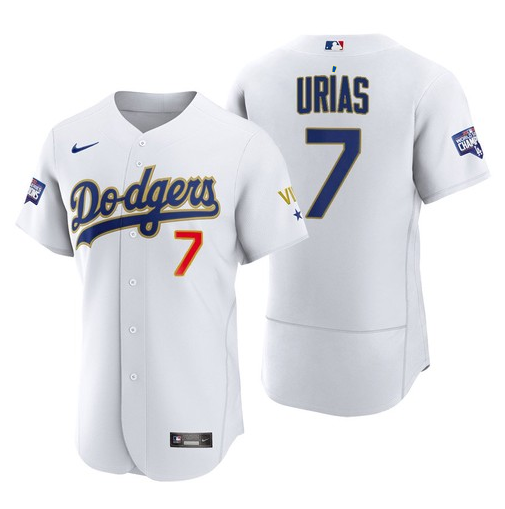 Men's Los Angeles Dodgers #7 Julio Urias White Gold MLB Championship Flex Base Sttiched Jersey Men's Los Angeles Dodgers #7 Julio Urias White Gold MLB Championship Flex Base Sttiched Jersey